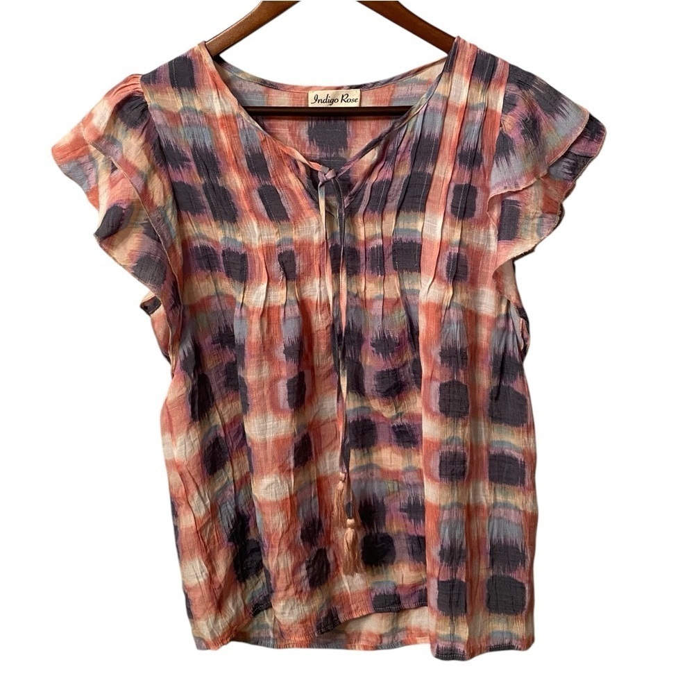 Indigo Rose Pink Purple & Blue Plaid Ruffle Blouse